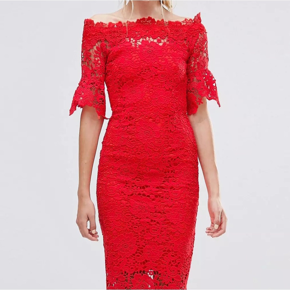 Paper Dolls Tall Bardot Crochet Red Lace Pencil Dress